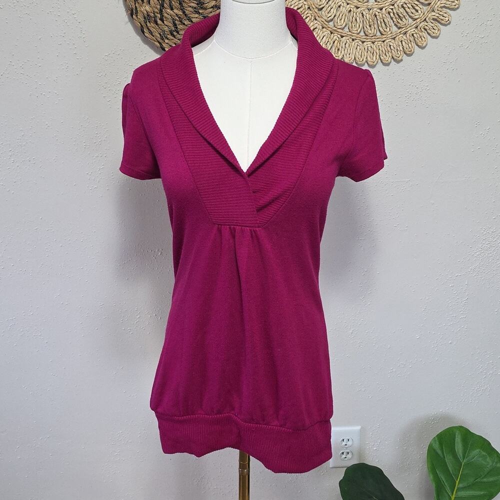 So Sik Magenta Pink V-Neck Short Sleeve Babydoll Knit Pullover Top Juniors M